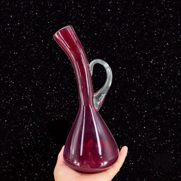 Hand Blown Art Glass Vase Ruby Red Clear Handle Hand Made Vintage Glass Jug - Picture 6 of 15